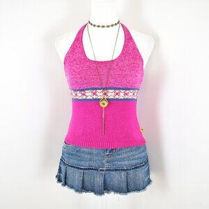 VTG 00s Y2K Blue Asphalt Hot Pink Knitted Striped Cropped Tie Up Halter Tank Top